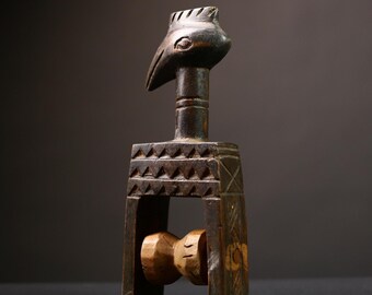 African Konantré pulley sculpture, tribal loom caliper tool, carved wooden figure art, vintage boho ethnic decor, Baule textile relic-G4501