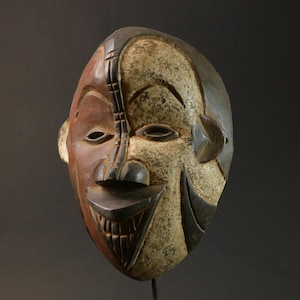 Afrikanische Pende-Split-Face-Maske | Handgeschnitzte Holzwandkunst | Vintage Kongo Dekor-8933