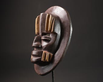 Maschera tribale africana Songye intagliata in legno con motivo geometrico, guance lineari, decorazione murale artistica del Congo, scultura culturale fatta a mano - G2505
