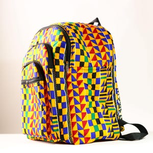 Sac à dos imprimé festival Sac à dos africain imprimé wax kente aux couleurs tribales audacieuses Sac de voyage scolaire fait main du ghana motif-G4276