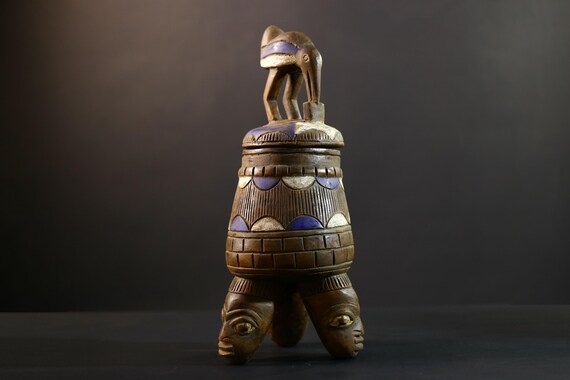 アフリカン・ルバ彫刻占い器：コンゴ部族芸術（41.3/17.5 cm）-G5357