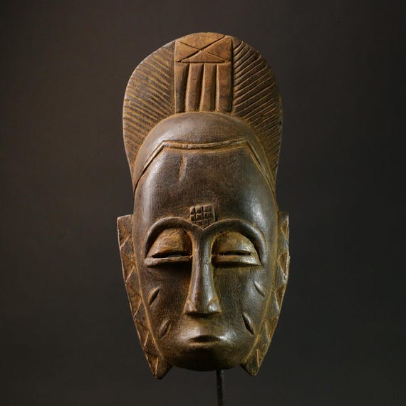 Masque Africain Tribal Baule En Bois – Sculpture Murale Primitive, Collection Authentique