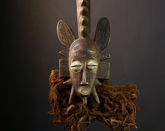 African Senufo Mask Carved Wood Tribal Face Sculpture Art Decor Wall Hanging Vintage Authentic Cultural Gift Home Accent -G3875