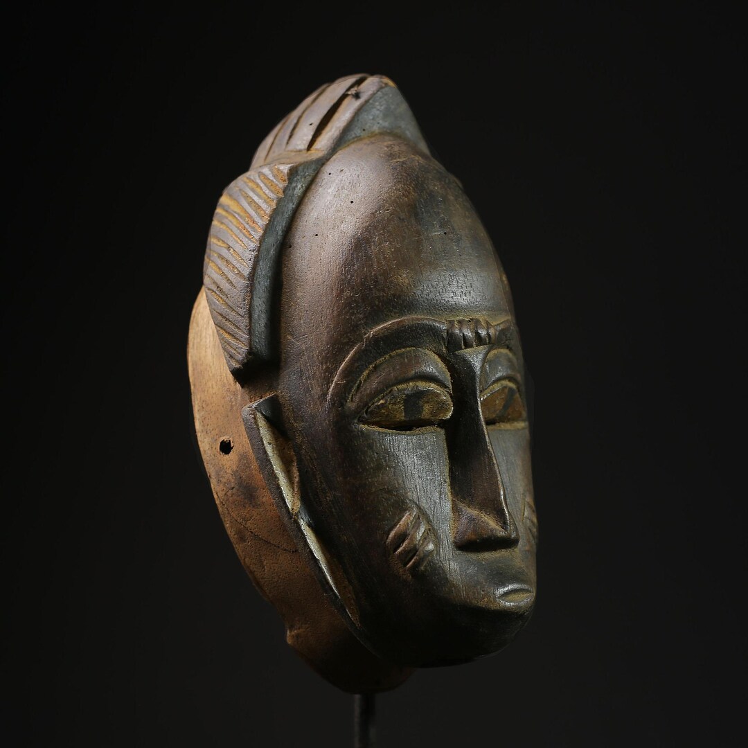 Masque Tribal Africain Baule - Bois Sculpté Main, 1935 - Art Primitif Collection - Dimensions 39x13 Cm