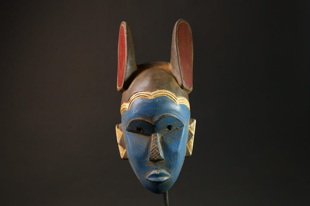 African Mask Rabbit African Masks Blue Baule Tribal Wall Hanging With Rabbit Ears Decor ...