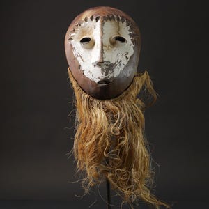 Lega Tribal African Mask with Beard White Black Face Congo Wall Art Decor Vintage Hand Carved Wood Sculpture Home Accent-G2461