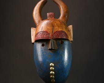 African Tribal Mask Bambara Horned Face Sculpture Blue Wood Wall Art Vintage Hand Carved Tribal Mask West African Decor Brass Accents-G3159