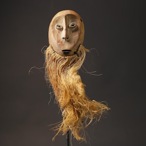 African Lega Tribal Mask with Raffia Beard Hand Carved Wood Wall Decor Ethnic Bwami Congo Art Face Sculpture Home Accent-8682