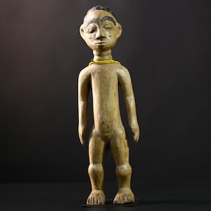 Hand Carved African Wooden Figure Sculpture Tribal Art Decor Standing Male Statue with Bead Necklace Unique Ethnic Home Accent Handmade-6674