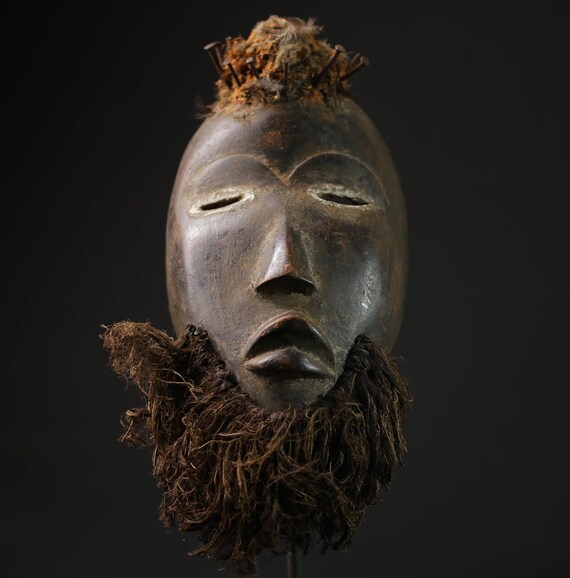 ヴィンテージアフリカンダンマスク：手彫り木製部族アート、壁面彫刻 