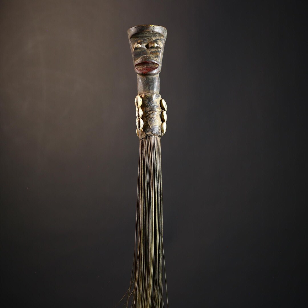 African Statue Yoruba Tribe Ceremonial Fly Whisk With Carved Head Long ...