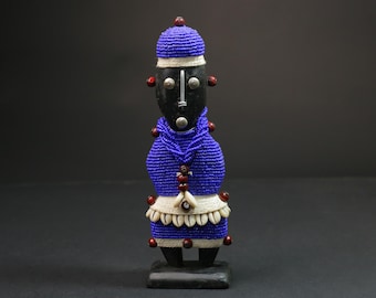 African Namji Doll Figurine | Vintage Hand Carved Wooden Statue | Beaded Tribal Art | Unique Home Decor Collectible -G1120