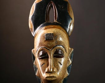 Handcarved African Baule Mask: Tribal Wall Art Sculpture-9467
