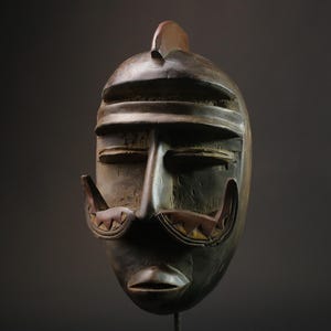 African Tribal Mask with Carved Moustache Detail - Handcrafted Wooden Wall Art Cultural Sculpture from West Africa Home Decor-8796