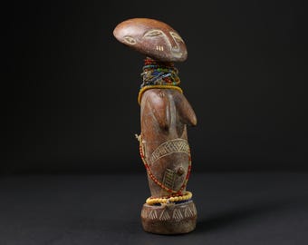 黒い木製彫刻 人形像 約30cm グロ彫刻木製ビーズ人形：アフリカの部族芸術、ヴィンテージ