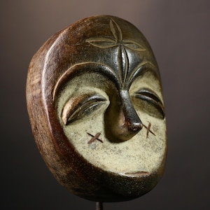 Lega African mask tribal wall decor with incised star face carved wood cultural artifact from Congo rustic home accent piece -G3609