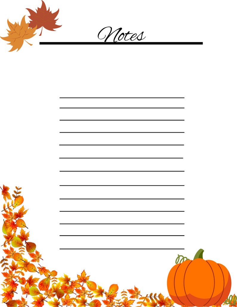 May include: A white lined notepad with the word "Notes" in cursive. The notepad is decorated with orange, yellow, and brown autumn leaves and a cartoon orange pumpkin.