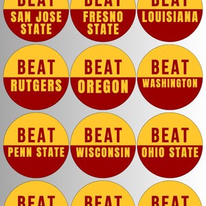 May include: A 2026 USC Football graphic featuring twelve circular stickers arranged in a grid. Each circle is split horizontally with yellow on top and maroon on the bottom, displaying the text BEAT followed by various university names.