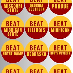 May include: A graphic with the text "2025 USC FOOTBALL" at the top. Below the text are nine circles, each with a different opponent listed. The circles are divided in half, with the top half yellow and the bottom half maroon. The text "BEAT" is in the top half of each circle, and the opponent is listed in the bottom half.