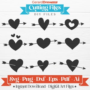 9 verschillende hart en pijl collectie Svg, Png, Dxf, Eps, Pdf, Ai-bestanden | SVG-collectie hart en pijl