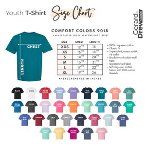 May include: A teal youth t-shirt with a size chart. The chart lists chest and length measurements in inches for sizes XXS to XL. Various t-shirt color options are displayed, including black, white, and blue.