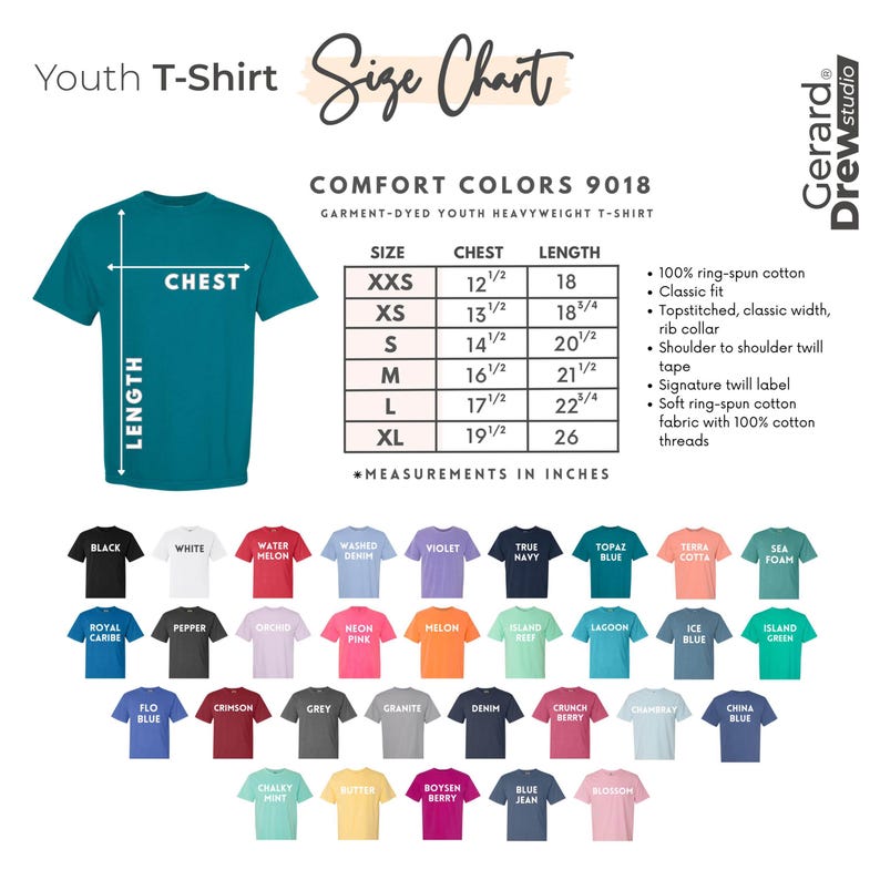 May include: A teal youth t-shirt with a size chart. The chart lists chest and length measurements in inches for sizes XXS to XL. Various t-shirt color options are displayed, including black, white, and blue.