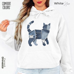 Camiseta Comfort Colors® con diseño de gato, camiseta de gato con retazos de mezclilla sintética, sudadera y suéter, regalo para amantes de los gatos, sudadera con capucha para niños, body para bebé.