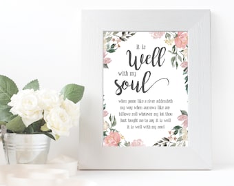 Está bien con mi alma, estampado floral de acuarela, arte de pared cristiano