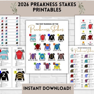 Op de afbeelding: Printbare kaarten en kaarten voor de Preakness Stakes 2026. De afbeelding toont verschillende ontwerpen met jockeyzijden, waaronder Taj Mahal, Ogelli en Grupper. De tekst "Direct downloaden!" is ook zichtbaar.