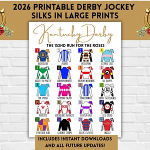 2026 Kentucky Derby Silks Print, 152nd Derby Horse Roster, Derby Instant Download Party Printable (PDF)