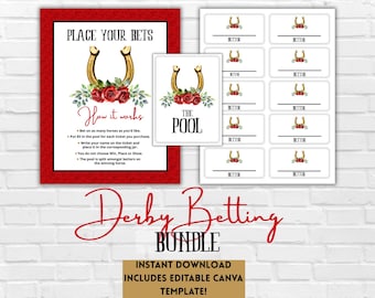 Juego de apuestas imprimible para el Derby de Kentucky, fiesta de carreras de caballos (plantilla editable)
