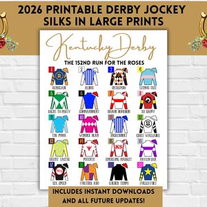 Puede incluir: Un póster imprimible con sedas de jockey del Derby 2026 en varios patrones y colores. El póster incluye el texto "Kentucky Derby" y "The 152nd Run for the Roses". El diseño incluye una herradura dorada con rosas rojas.