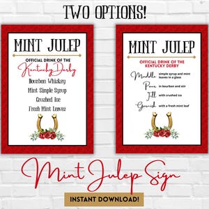 May include: Two framed signs with red borders display "Mint Julep" recipes. One lists ingredients, the other instructions. Both feature a horseshoe, roses, and the text "Official Drink of the Kentucky Derby."