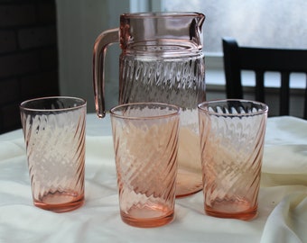 Vintage Rosaline Pitcher swirl design with 3 matching glasses