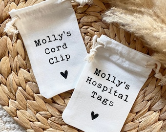 Personalised Baby Keepsake Hospital Bags - Cord Clip - Hospital Tags - Organic Cotton Fabric Bag