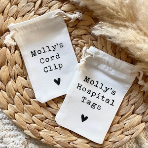 Personalised Baby Keepsake Hospital Bags - Cord Clip - Hospital Tags - Organic Cotton Fabric Bag