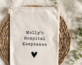 Personalised Baby Hospital Keepsakes Bag for First Outfit, Cord Clip, Hospital Tags, Hospital Hat etc.
