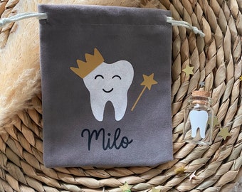 Personalised Tooth Fairy Bag for Girls or Boys | First Tooth Keepsake Pouch | Lost Baby Teeth Storage | Grey Pink Blue or Teal Velvet Bags