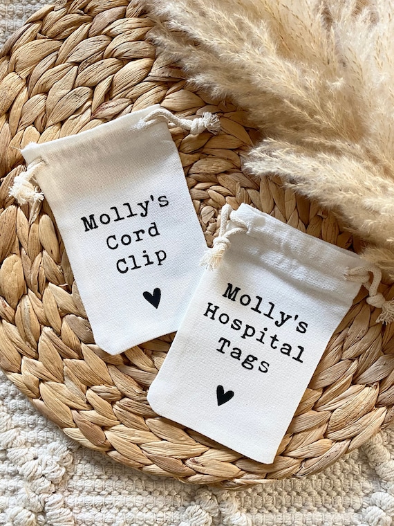 Personalised Baby Keepsake Hospital Bags - Cord Clip - Hospital Tags - Organic Cotton Fabric Bag