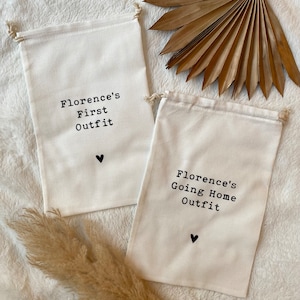 Personalised Baby’s First Outfit / Going Home Outfit Keepsake Bag | Baby Clothes Hospital Organiser Bags | Organic Cotton Name and Heart