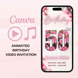 Animated 50th Birthday Invitation, Custom Editable Canva Template Video with Music, Pink Floral Flowers Design