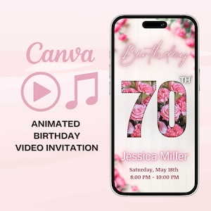 Animated 70th Birthday Invitation, Custom Editable Canva Template Video with Music, Pink Floral Flowers Design