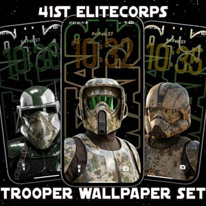 May include: A digital art image featuring three smartphone screens displaying trooper helmets. The screens show the time and date, with the text "41ST ELITECORPS" and "TROOPER WALLPAPER SET" at the top and bottom. The background is a starry night.