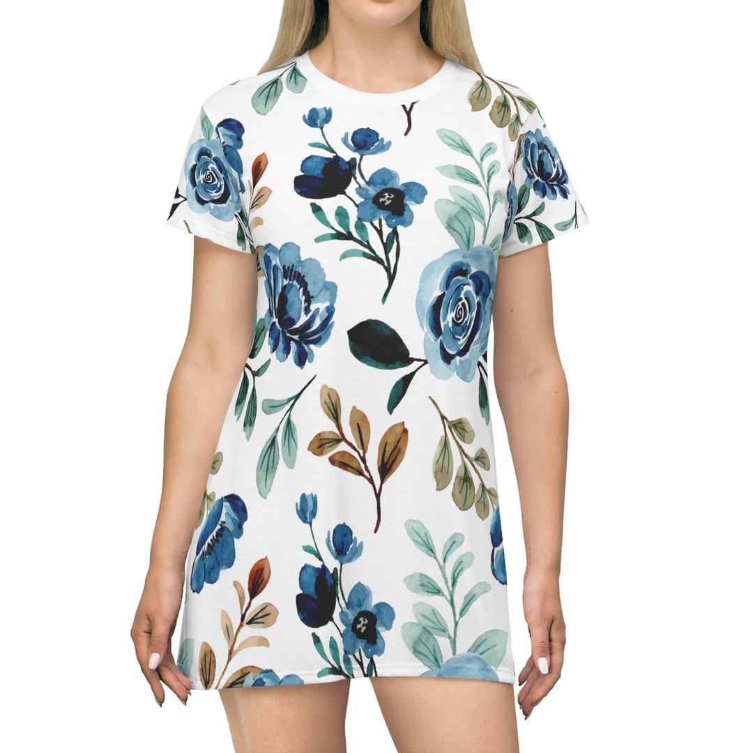 Blue Rose Shirt Dress Adorable Floral Rose Tshirt Dress Etsy