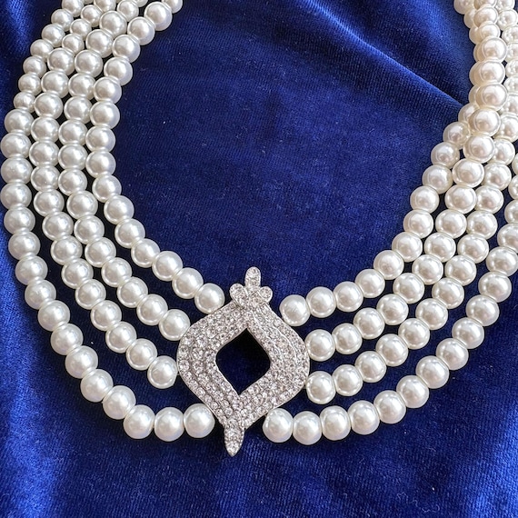 Elegant 4 Multi Strand Pearl Choker Necklace With CZ Cirzonia
