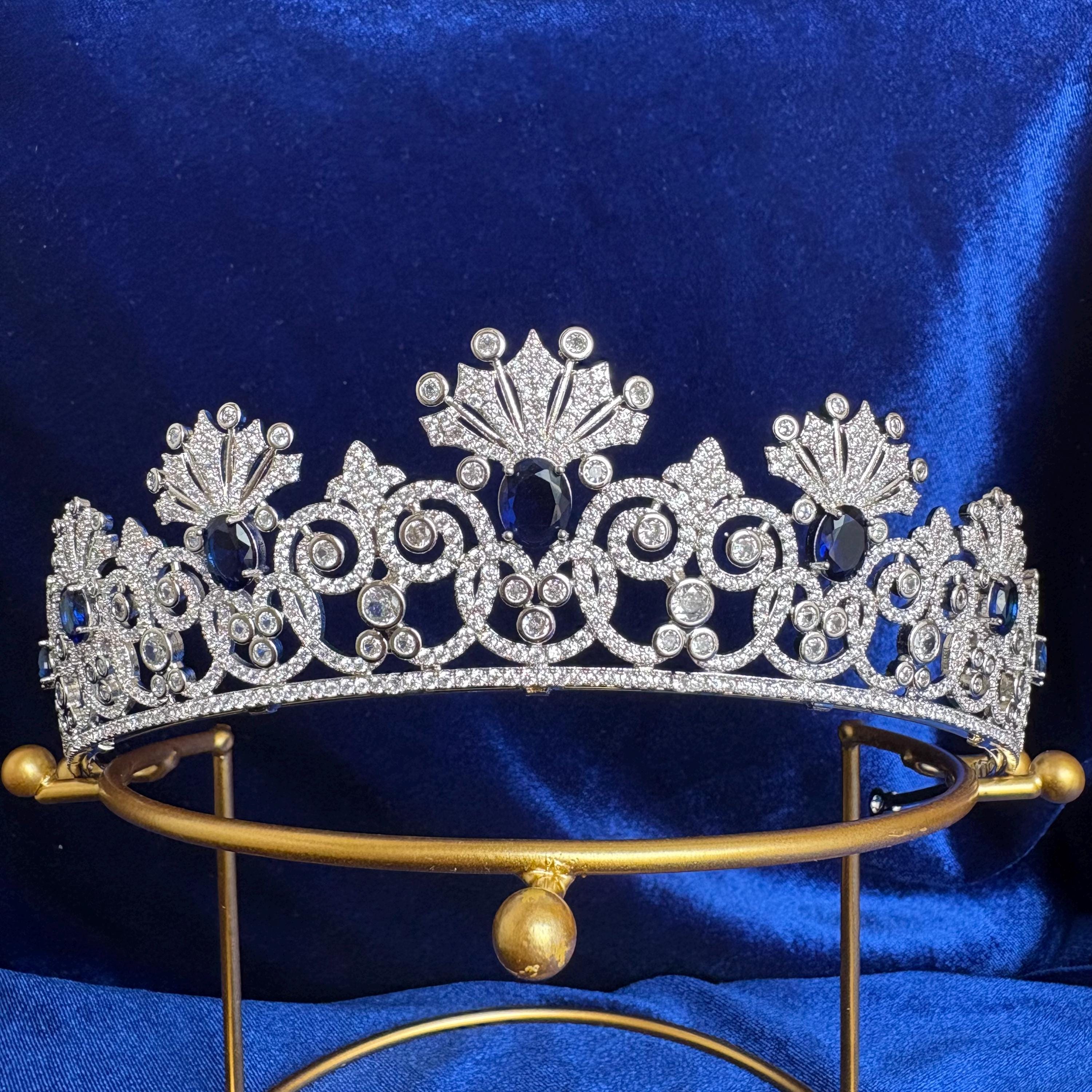 Something Blue Wedding Crown Bridal Empress Feodorovna Sapphire Tiara Russian CZ Simulated Diamond Royal Diadem Vintage Art Deco Queen Style