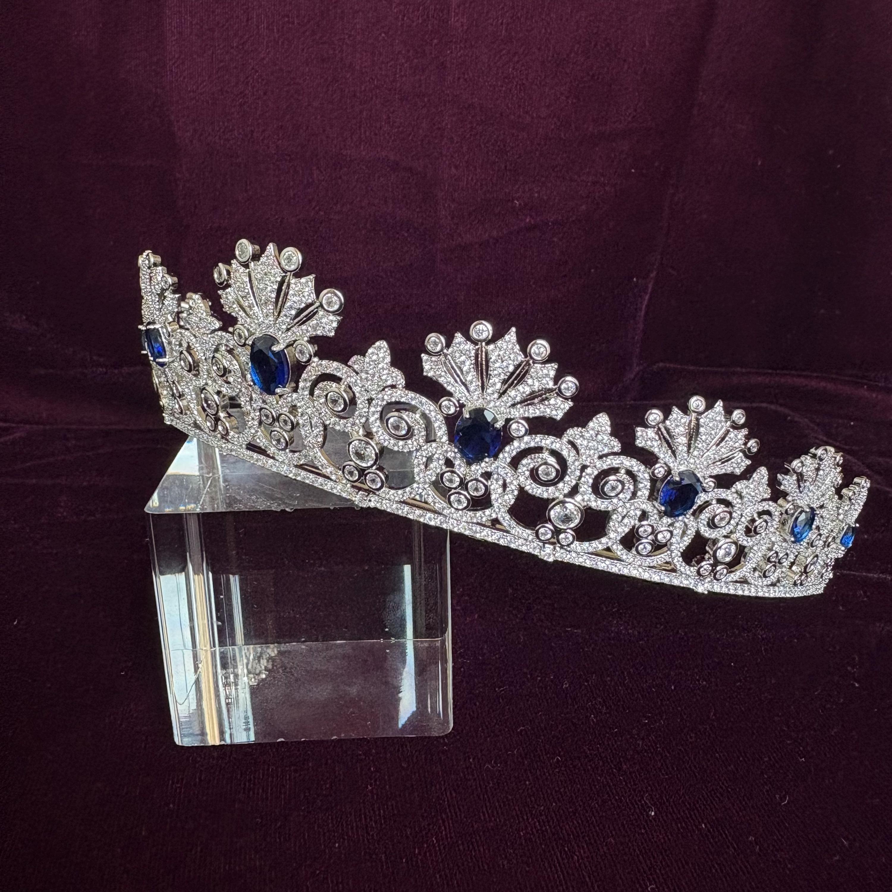 Navy Royal Blue Gem Sapphire Color Silver Wedding Tiara 