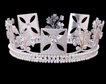 Queen Elizabeth II King George IV State Diamond Diadem Royal King Coronation Crown Regal Pearl Tiara for Bride Classic Theatre CZ Headpiece