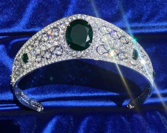 Emerald Green Crystal Wedding Tiara, Art Deco Old-Hollywood Royal Princess Style Bridal Crown, High Profit CZ Diamond Kokoshnik for Bride