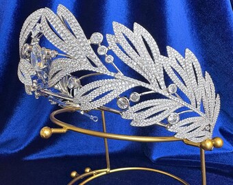 Greek Style Olive Wreath Full High Wedding Crown Laurel Leaf Motif